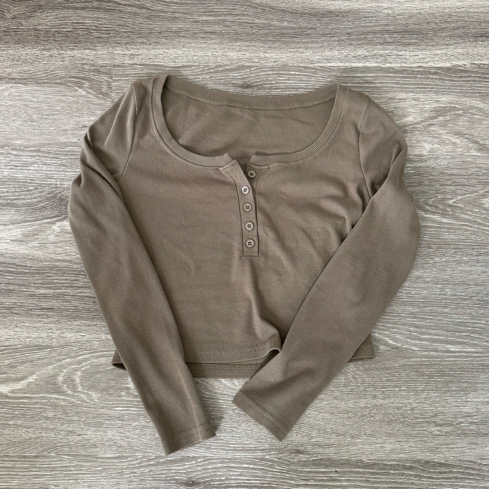 Thrifted Taupe Long Sleeve Henley Top